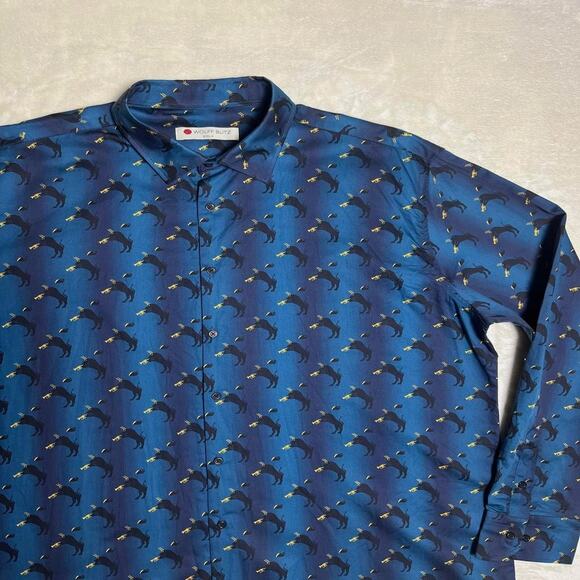 Wolff Blitz Absurd Print Button Up Shirt Men's 2XL German Luxe Bull Trumpet Fish - Picture 2 of 8
